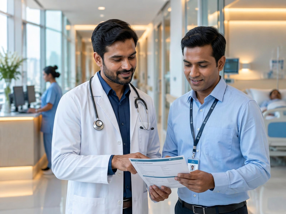An LTTS employee with a company ID lanyard reviewing an enrolment document with a doctor inside a hospital